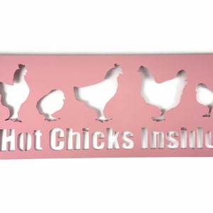May include: Pink metal sign with cut-out silhouettes of chickens and the text "Hot Chicks Inside".