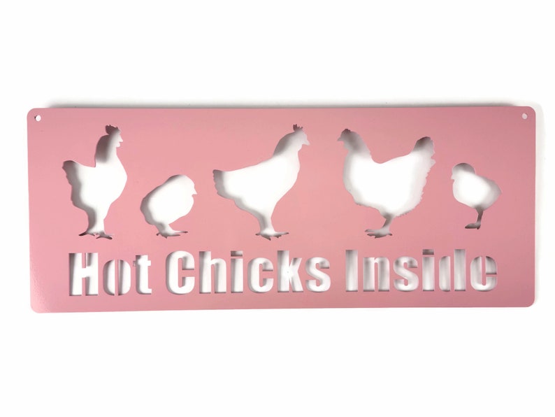 May include: Pink metal sign with cut-out silhouettes of chickens and the text "Hot Chicks Inside".