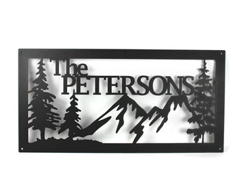 Family Name Metal Mountain Forest Cabin Sign 23 to 32 Inches Wide