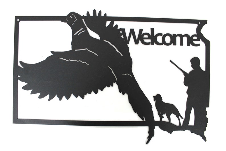 South Dakota Pheasant Hunting Metal Wall Art Sign 22 Inches Wide Matte Black