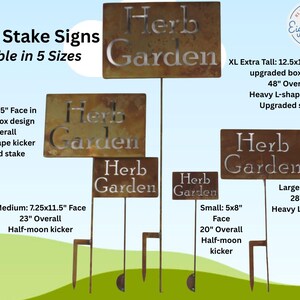 May include: Metal garden stake signs in five sizes, each with "Herb Garden" cut out. Sizes range from small to extra tall, with dimensions and features listed. The signs are brown with a rustic finish.