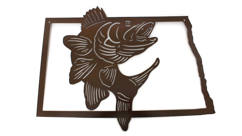 North Dakota Walleye Fishing Metal Wall Art Sign 22 Inches Wide Gloss Brown