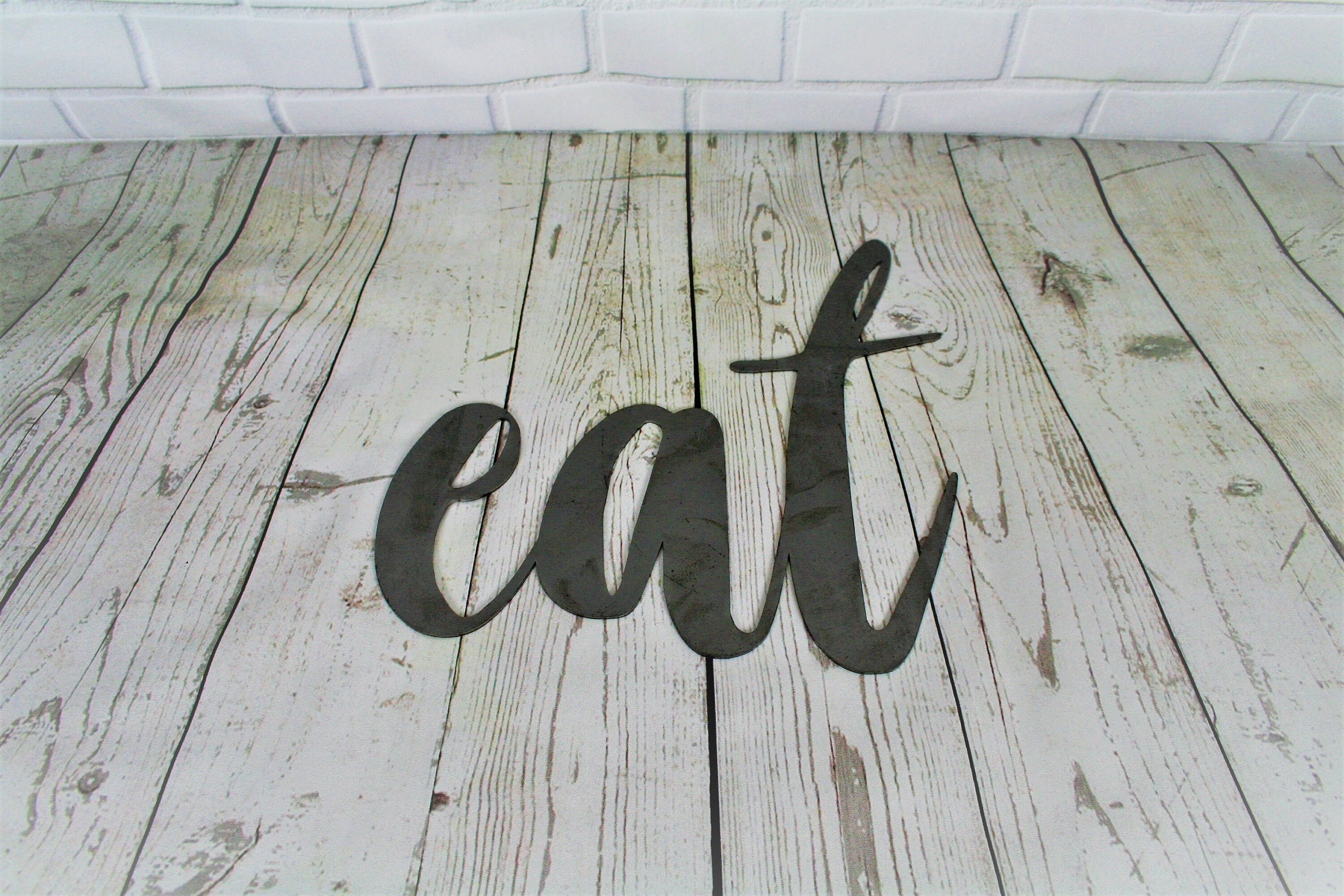 eat script, eat metal sign, metal word art, steel word art, steel script cursive font, DIY eat