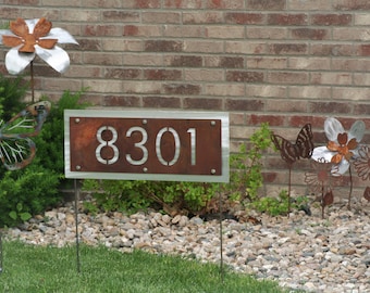 Metal House Number Address Sign on Stakes 10x25" up to 20x25" Layered Style Futura
