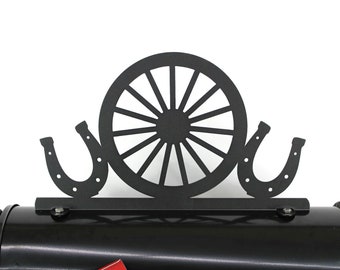 Western Style Horseshoes and Wagon Wheel Metal Powder Coated Mailbox Topper 8.5 Inches Tall - Does Not Include a Mailbox