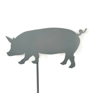 May include: A gray metal pig silhouette garden stake. The pig is facing left and has a curled tail. The stake is attached to the bottom of the pig.