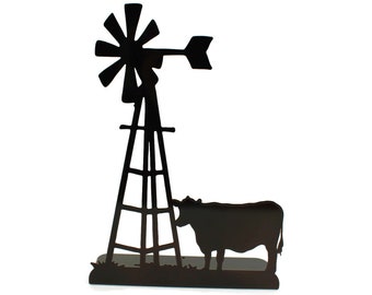 Windmill and Cow Metal Tabletop Decor 14.2 Inches Tall