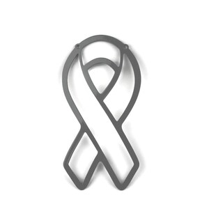 May include: A gray metal ribbon cutout, a symbol of awareness. The ribbon is a stylized design with a loop and a vertical bar, set against a white background. The cutout has a smooth, matte finish and is likely used for decorative purposes.