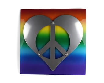 Hand Painted Rainbow Peace Heart Metal Sign 15x15 Inches