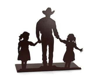 Cowboy and Two Daughters Metal Tabletop Decor 10 Inches Tall