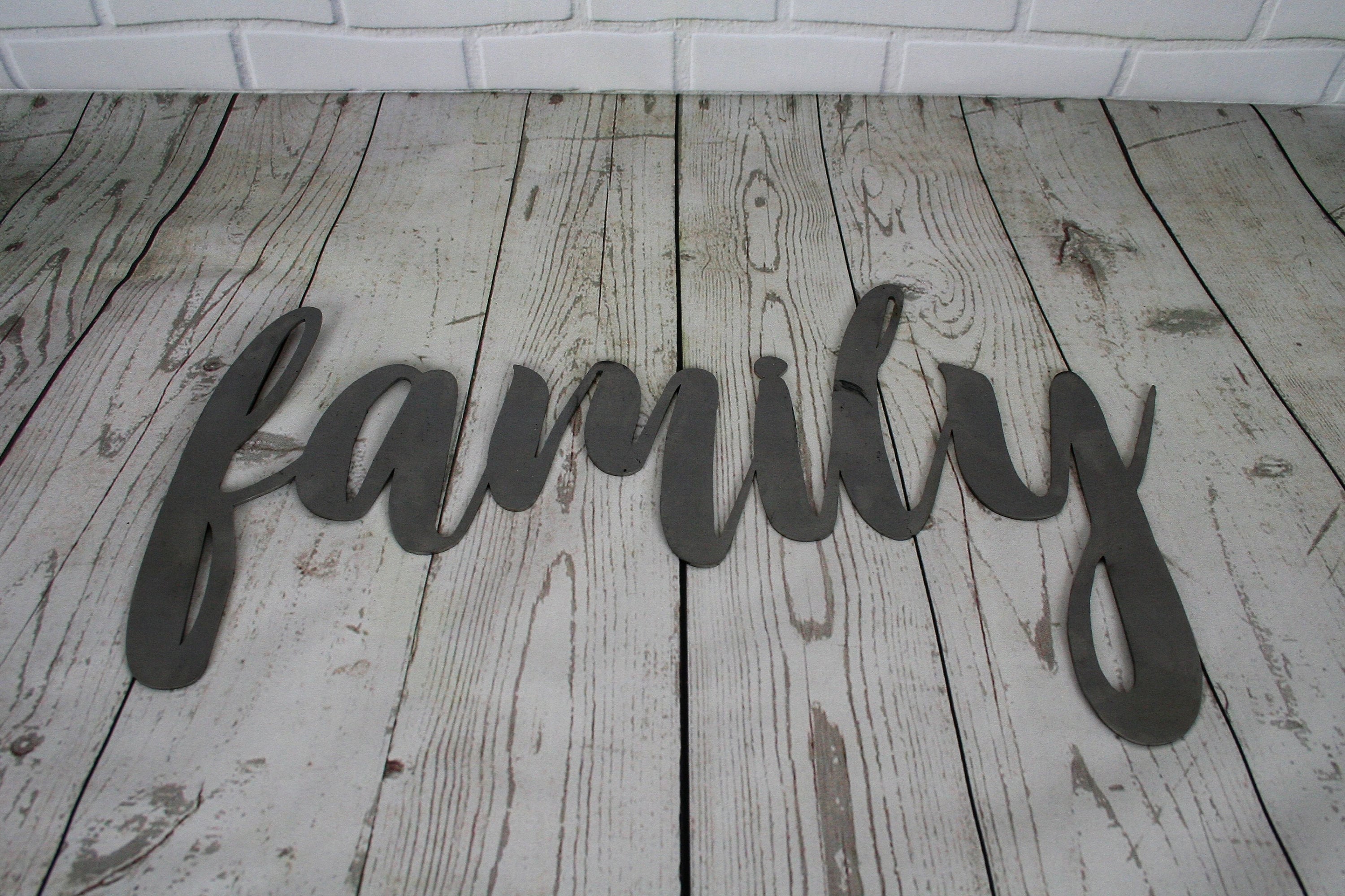 family script, family metal sign, metal word art, new baby gift, steel