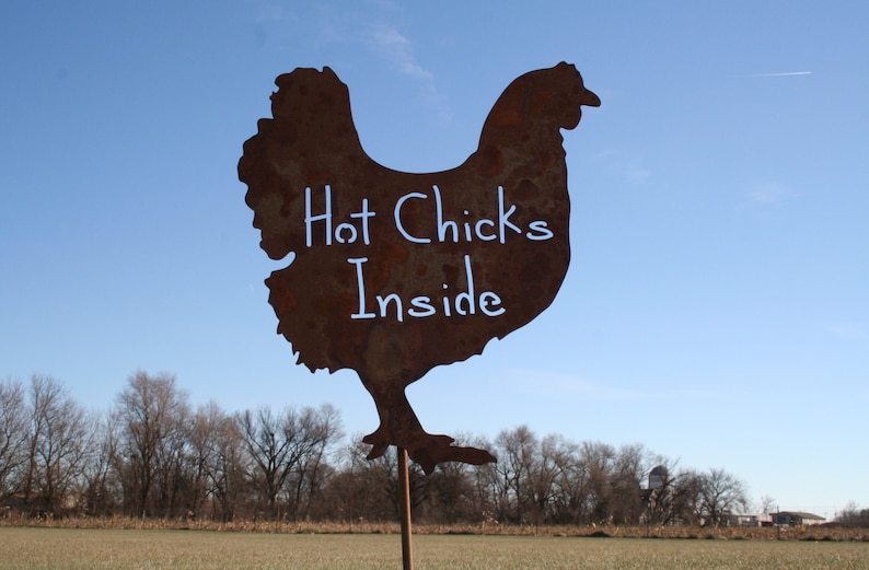 May include: A rusty metal silhouette of a chicken with the words "Hot Chicks Inside" written in white paint.