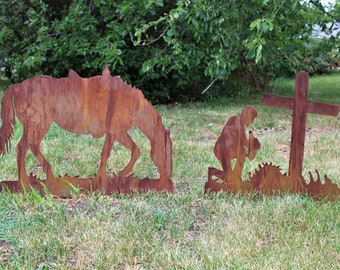 Metal Praying Cowboy Yard Art, One to Three Piece Set up to 64 Inches Wide