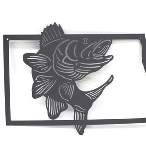 North Dakota Walleye Fishing Metal Wall Art Sign 22 Inches Wide Stone Gray