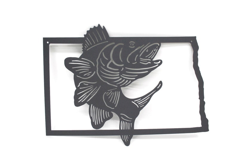 North Dakota Walleye Fishing Metal Wall Art Sign 22 Inches Wide Stone Gray