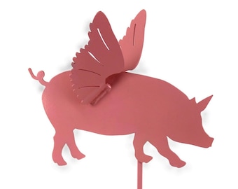 Flying Pig Metal Garden Stake 23 inches Tall with 9 Inch Long Pig