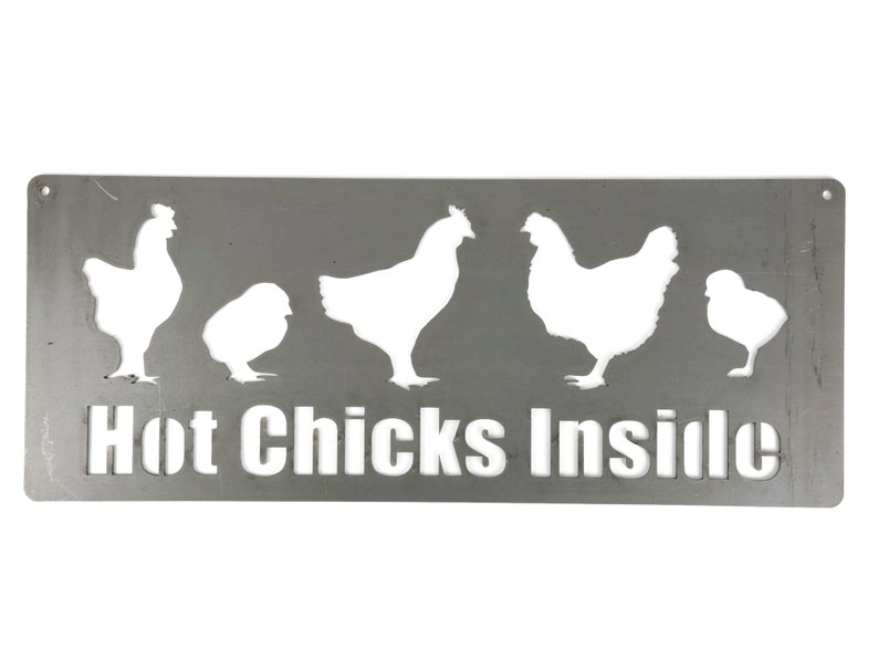 May include: A metal sign with a rustic finish featuring a silhouette of five chickens and the text "Hot Chicks Inside".