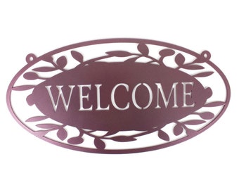 Metal Welcome Sign Wall Art With Leaf Pattern 16 Inches Wide