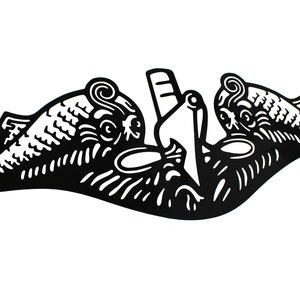 May include: Black and white illustration of a submarine emblem with two stylized dolphins flanking a submarine.