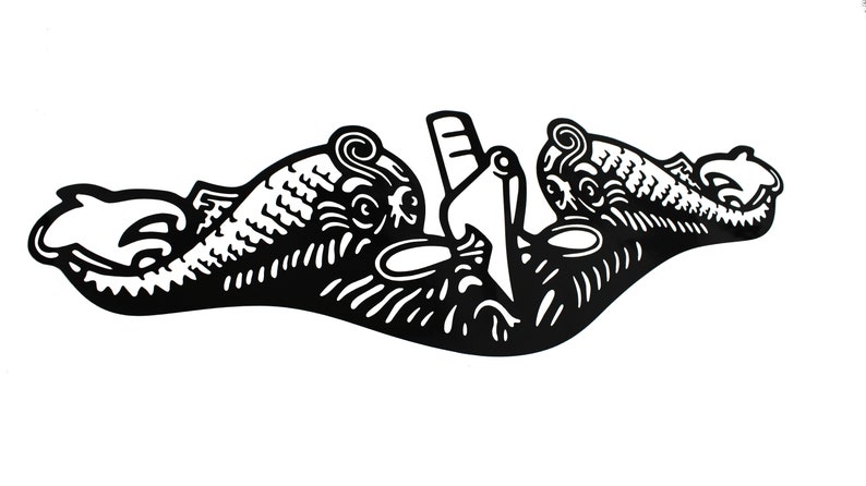 May include: Black and white illustration of a submarine emblem with two stylized dolphins flanking a submarine.