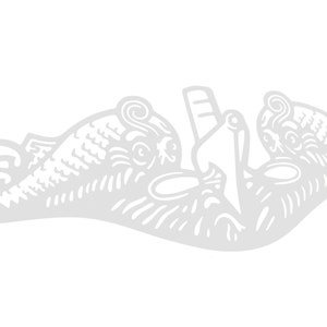 May include: A white stylized illustration of two dolphins flanking a submarine, a common symbol for the United States Navy.