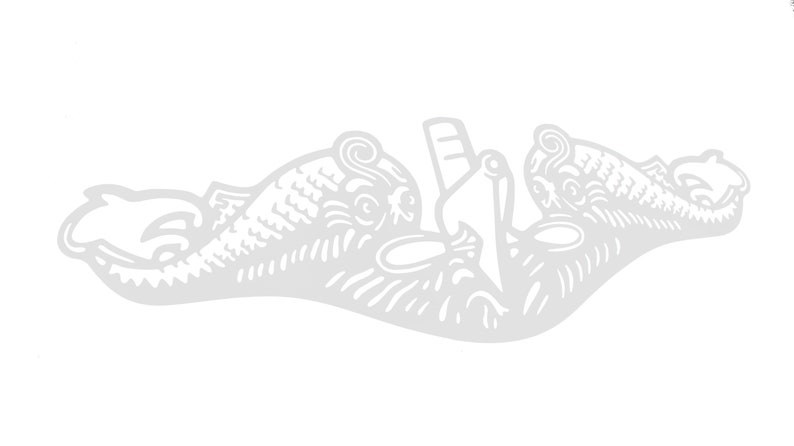 May include: A white stylized illustration of two dolphins flanking a submarine, a common symbol for the United States Navy.