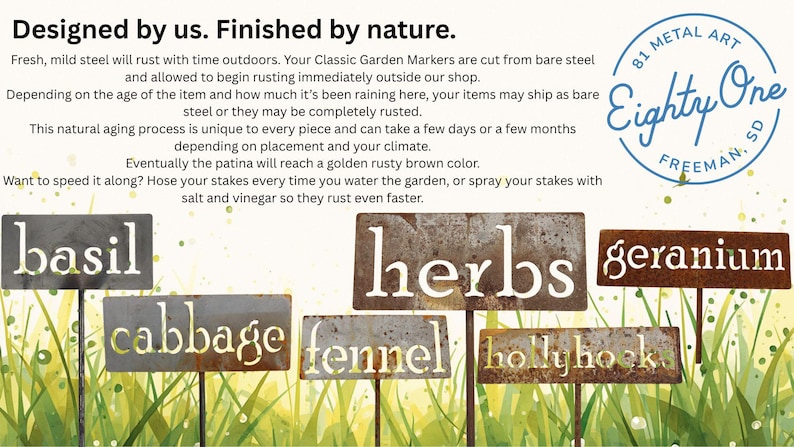 May include: Metal garden markers with the names "basil", "cabbage", "fennel", "geranium", "herbs", and "hollyhock" cut out. The markers are made of rusted metal and are displayed in a garden setting.