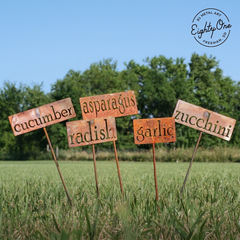May include: Rusty metal garden markers with the names of vegetables: cucumber, asparagus, radish, garlic, and zucchini. The markers are on thin metal rods, planted in a grassy field. The sky is blue, and trees are in the background. The logo for 81 Metal Art is in the upper right corner.