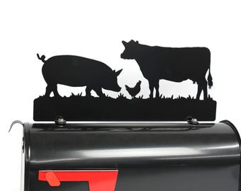 Custom Cow, Pig and Chicken Metal Mailbox Topper: Farmhouse Decor, 17-Inch Wide - Does Not Include a Mailbox