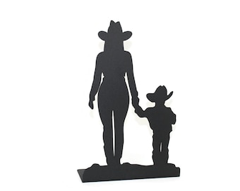 Cowgirl Mother and Son Metal Tabletop Home Décor 14.5 Inches Tall