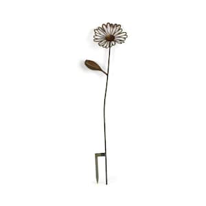 May include: A metal daisy garden stake with a brown center and white petals. The stem and leaf are dark brown. The stake has a two-pronged base for easy placement in the garden. A decorative outdoor accent.