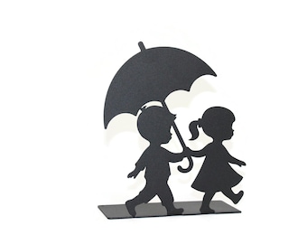 Boy and Girl and Umbrella Tabletop Metal Decor 8.75 Inches Tall