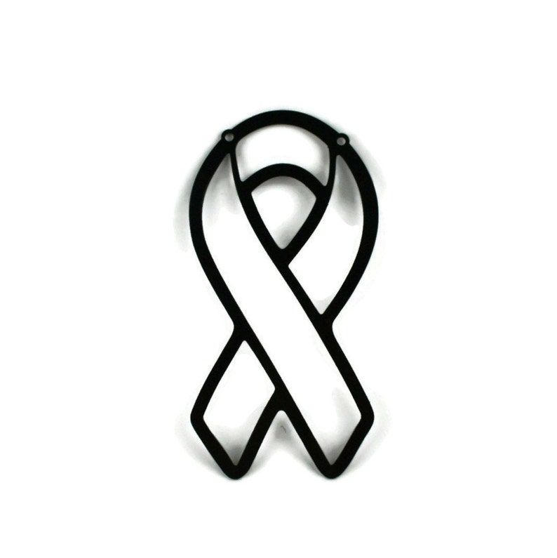 May include: A black ribbon-shaped cutout with a white center, likely a symbol of awareness or support. The ribbon has a smooth, matte finish and two small holes at the top for hanging or attachment. The design is simple and graphic.