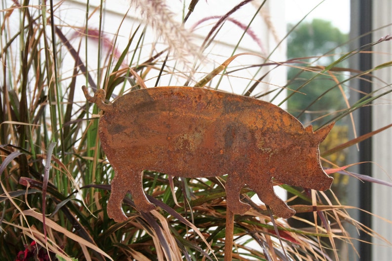 May include: A rusty metal pig silhouette garden decoration. The pig is standing on a bed of brown and green grasses.