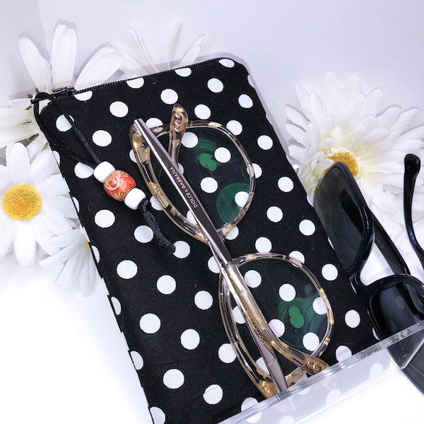 Polka Dot Double Glasses Case, Sturdy Durable Zip Top Double Pocket Pouch, Fabric Sunglasses Carrier