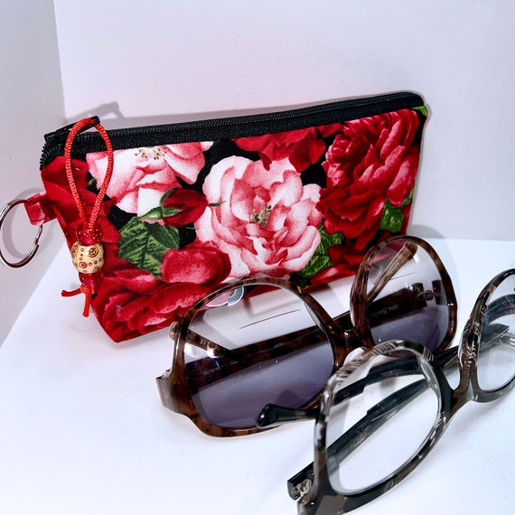 Roses Print Double Eyeglasses Case, Zipper Pouch, Handmade  display picture 2