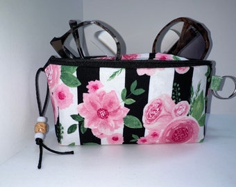 Double Eyeglass Case, Pink Roses Fabric Pouch, Handmade in USA