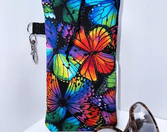 Padded Eyeglass Case, Colorful Butterfly Print, FREE Butterfly Charm, Handmade USA