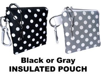 Small 4.5 x 4.5 Insulated Bag, Cool or Warm Snack Pouch, Insulin Diabetic Supplies, FREE Carabiner Clip, Black or Gray Polka Dot Print