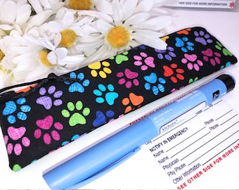 Ships Fast  Colorful Footprints Injector Case, Single EpiPen Case, Diabetes Supply Bag, Slim 2 x 8 in Insulin Pen Case