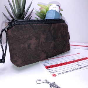 Dark Chocolate Brown Inhaler Pouch, Inhaler Holder, FREE Medical Alert Card, Caduceus Charm