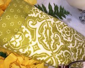 Double Glasses Case, Quilted Rays of Stitching, Yellow/Green Damask, Double Sunglass Case, Protective Padded Center Divider, Slip Style