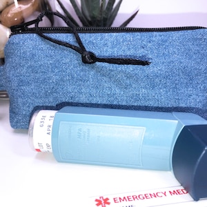 Denim Inhaler Pouch, Clip-on Inhaler Case, Inhaler Holder, FREE Medical Alert Card, Caduceus Charm