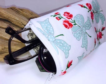 Rosebuds and Bows Double Eyeglass Case, Feminine Zip Top Double Glasses Pouch, Sunglasses Pouch, Eyeglasses Zipper Case, Soft Glasses Case