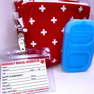 May include: Red fabric pouch with white plus signs, a clear plastic ID holder with the text "EMERGENCY MEDICAL INFORMATION" and a blue ice pack with the text "Rubbermaid BLUE ICE".