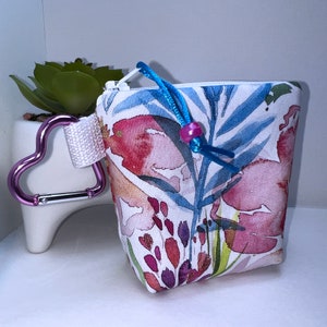 Watercolor Wildflowers Print Coin Pouch with Free Heart Clip, Zipper Business Card Case, Unique Gift for Her