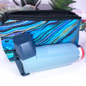 BLUE Psychedelic Inhaler Pouch, Clip-on ASTHMA Case, Inhaler Holder, Slim Zipper Pouch, FREE Medical Alert Card and Caduceus Charm