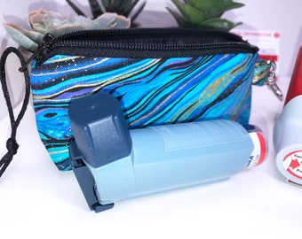 BLUE Psychedelic Inhaler Pouch, Clip-on ASTHMA Case, Inhaler Holder, Slim Zipper Pouch, FREE Medical Alert Card and Caduceus Charm