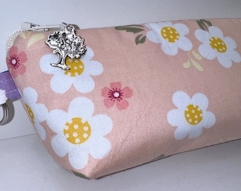 Cute Peach Floral Boxy Wide Bottom Single Eyeglasses Case Thickly Padded Quilted Lining Fits Large Glasses Free Tree Of Life Charm