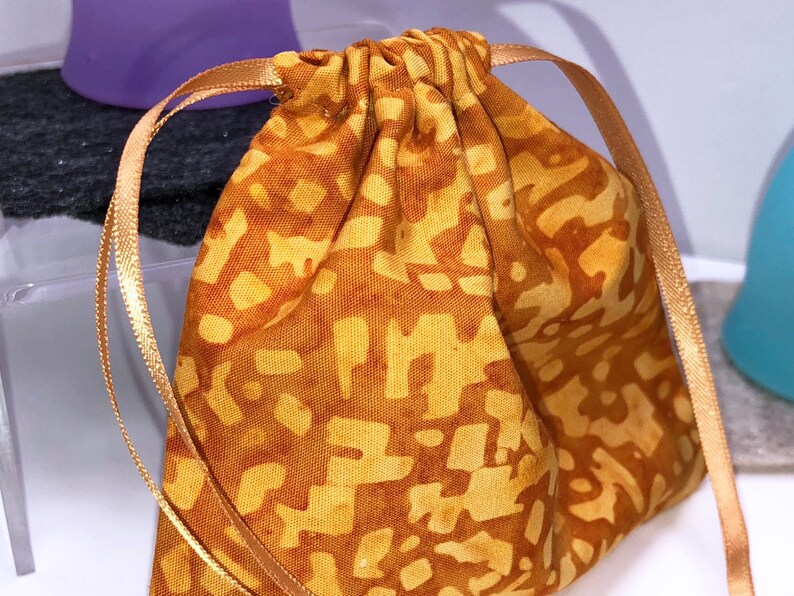 Batik Orange Mooncup Bag Menstrual Cup Pouch and 2 FREE Cup Spots Small Drawstring Bag Lily Cup Bag